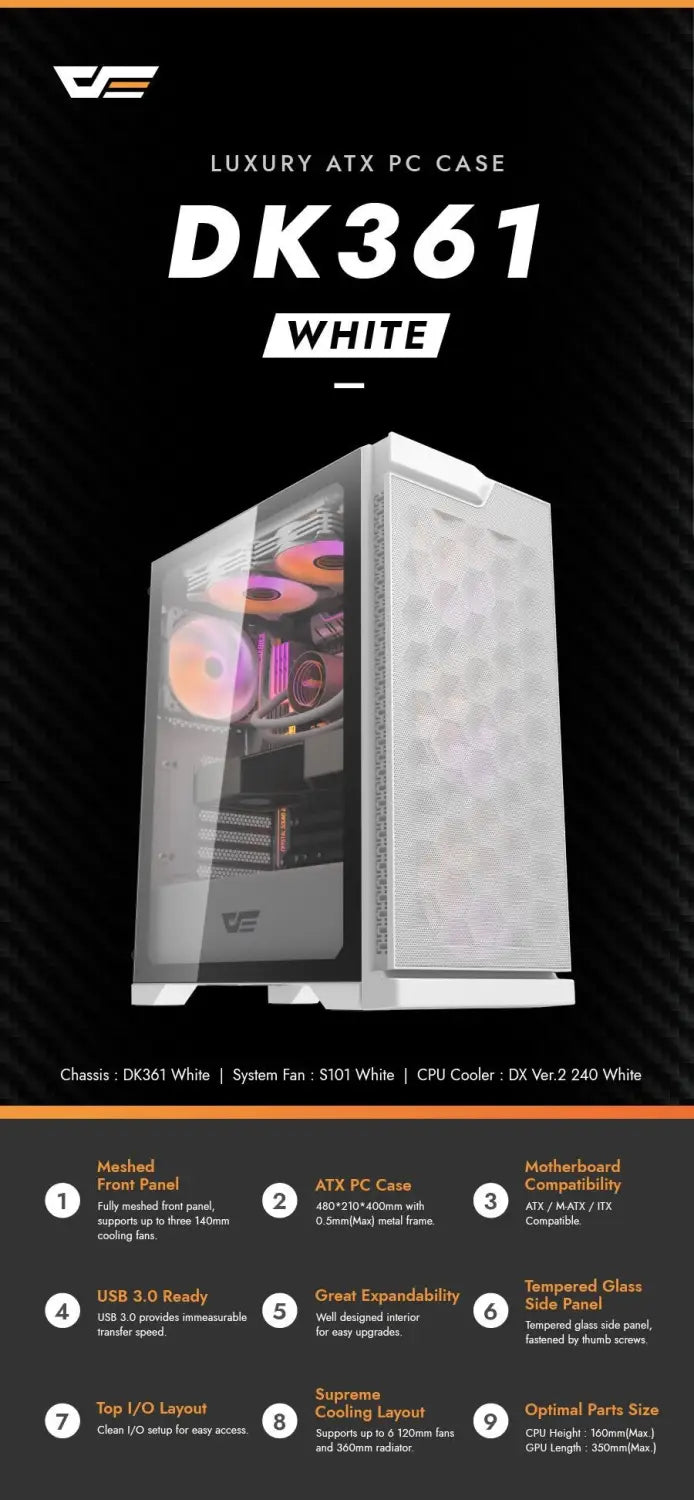 DarkFlash DK361 Tempered Glass ATX PC Case 4X ARGB Fans - White