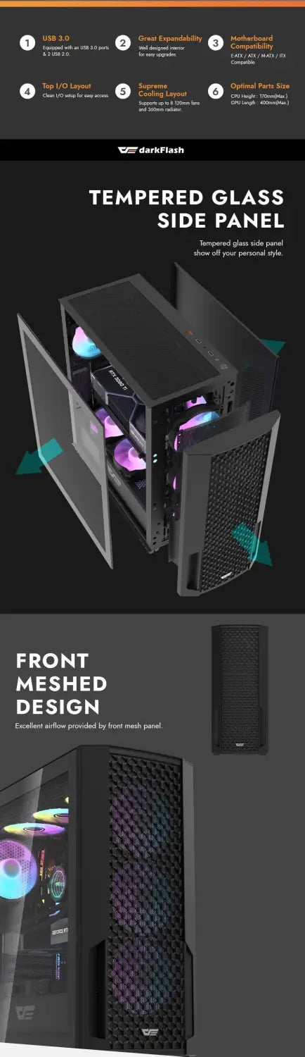 DarkFlash DF2100 Tempered Glass ATX PC Case 4X ARGB Fans - Black