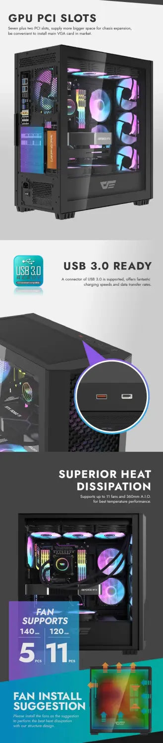 DarkFlash DF2100 Tempered Glass ATX PC Case 4X ARGB Fans - Black