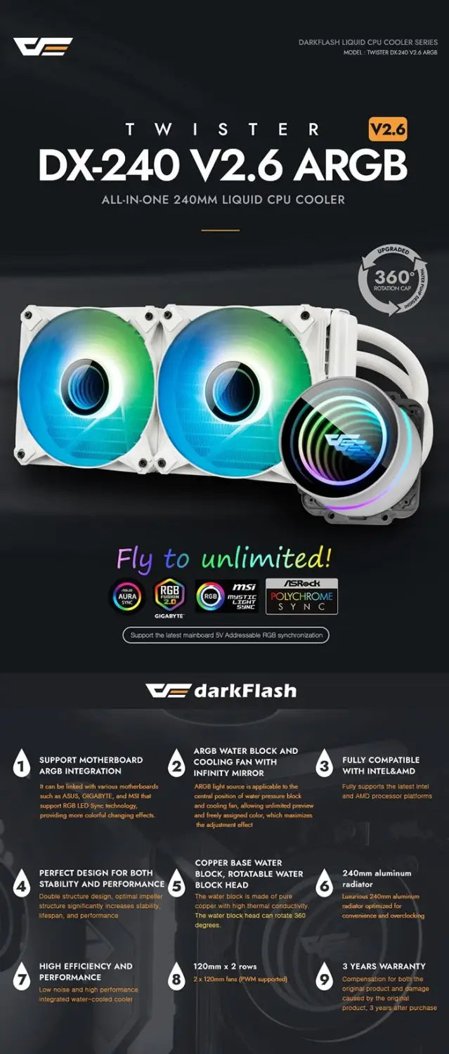 DarkFlash Twister DX240 V2.6 240mm Liquid CPU Cooler - White