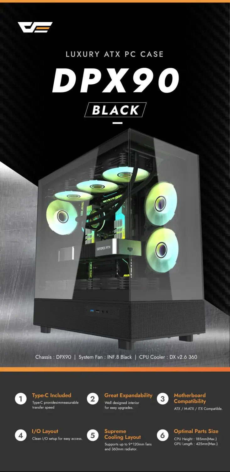 DarkFlash DPX90 Tempered Glass Black ATX Gaming Case /w 3X ARGB Fans