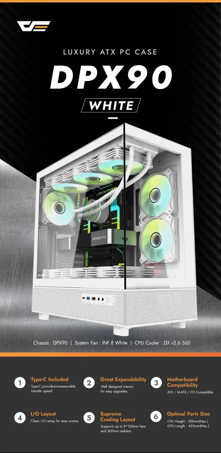 DarkFlash DPX90 Tempered Glass White ATX Gaming Case /w 3X ARGB Fans