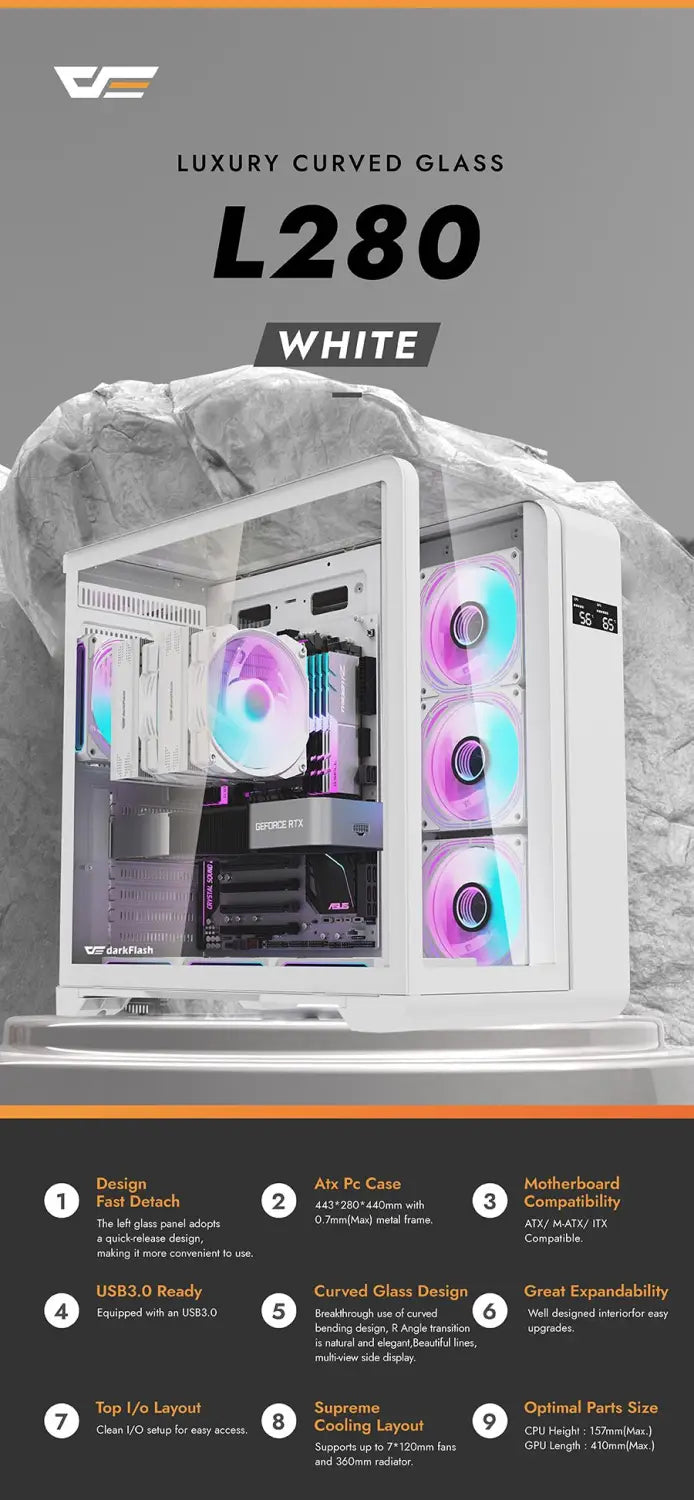 DarkFlash L280 ATX Curved Tempered Glass PC Case - White